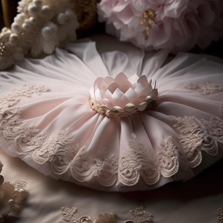 A delicate, lace-trimmed ballet tutu in soft pink and white hues, surrounded by intricate floral motifs and swirling vines, set against a creamy, textured background.