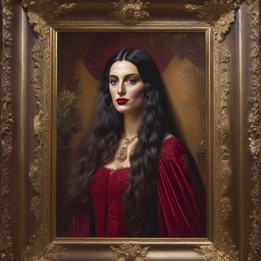 An ornate, golden-framed oil painting of a mysterious, raven-haired woman in a lavish, crimson gown, surrounded by lush velvet drapes, set against a rich, dark brown background.