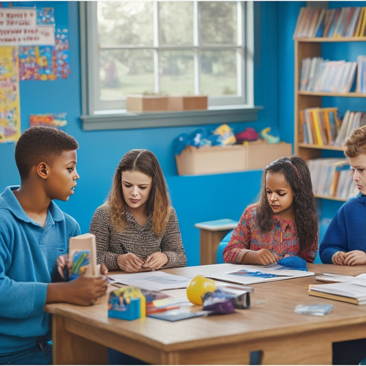 A vibrant, clutter-free classroom scene with a diverse group of students engaged in various activities, surrounded by colorful posters, shelves stacked with books, and diverse learning materials.