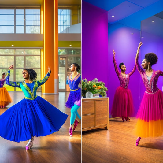 A vibrant dance studio, showcasing diverse dancers in eye-catching, stylish competition uniforms. Each outfit blends bold colors with elegant fabrics, highlighting movement, grace, and comfort, set against a mirrored wall and wooden floors.