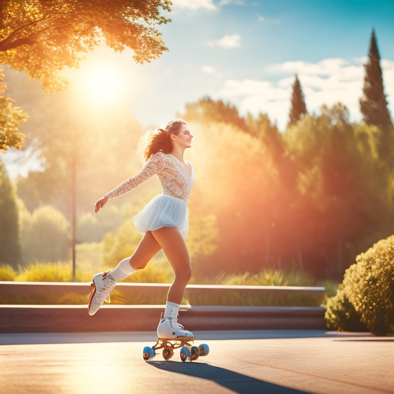 A serene roller skater, centered in the frame, glides on one foot, arms outstretched, with a subtle smile, amidst a blurred, sun-kissed outdoor rink, surrounded by lush greenery and a few puffy white clouds.