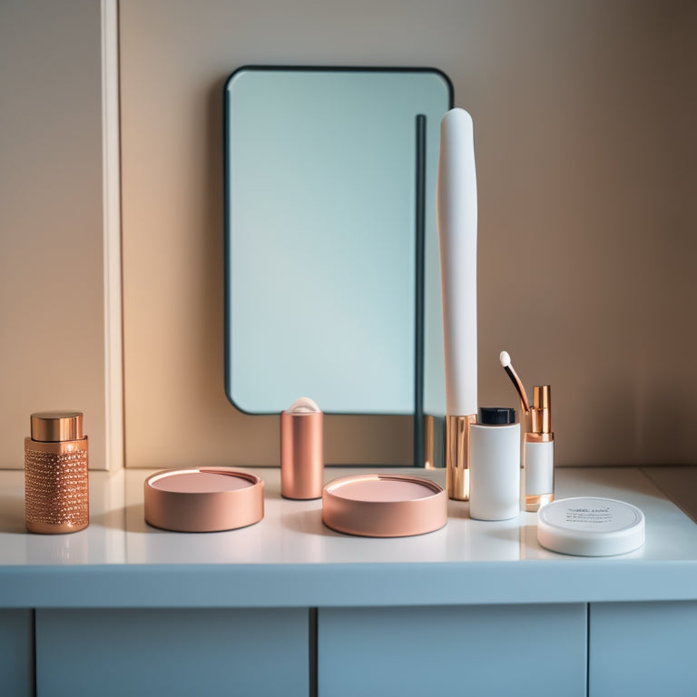 A minimalist vanity with a small, round mirror, a few essential makeup products (foundation, mascara, blush), and a few simple brushes, all organized on a clean, white surface.