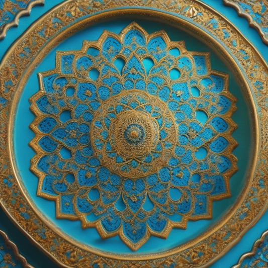 A mesmerizing Middle Eastern-inspired background with intricate golden geometric patterns, swirling Arabic calligraphy, and subtle shimmering effects, set against a deep crimson and turquoise gradient.