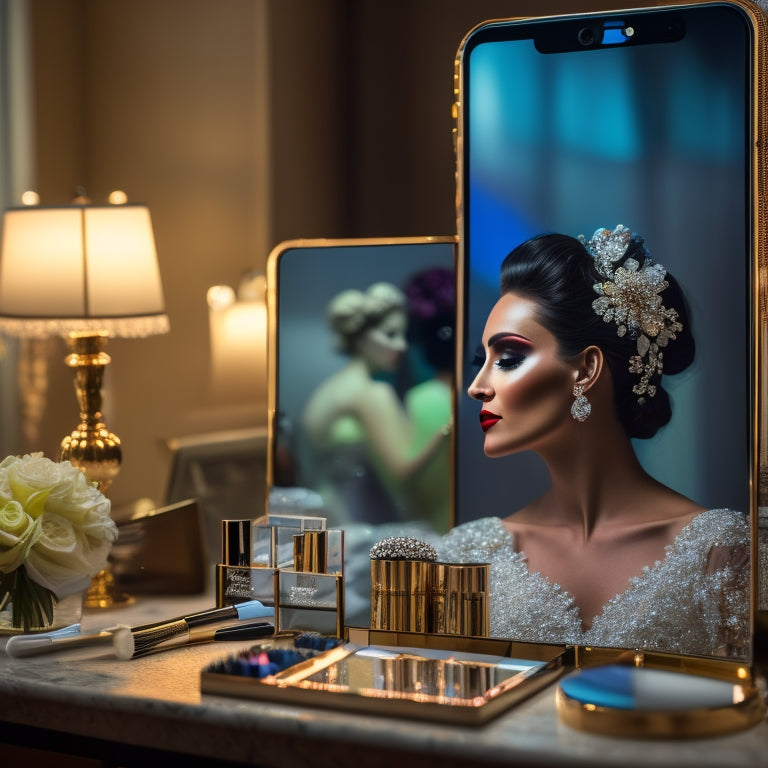 A glamorous, dimly lit bridal suite backdrop with a vanity mirror reflecting a beautiful bride's face, surrounded by makeup brushes, lipstick, and eyeshadow palettes, with a smartphone displaying a makeup tutorial video.