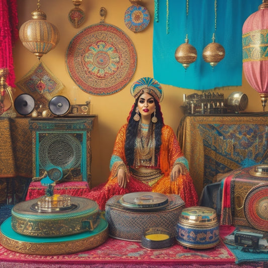 A vibrant, eclectic scene featuring a belly dancer surrounded by hip-hop fusion props: turntables, vinyl records, DJ headphones, and a microphone, amidst Middle Eastern textiles and ornate lanterns.
