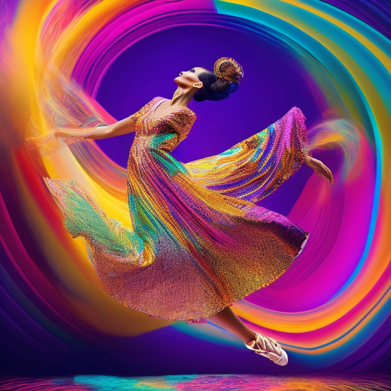 A whimsical illustration featuring a dynamic dancer in motion, surrounded by swirling patterns of bright colors, abstract shapes, and subtle musical notes, capturing the energy and movement of Olena Stasiuk's style.