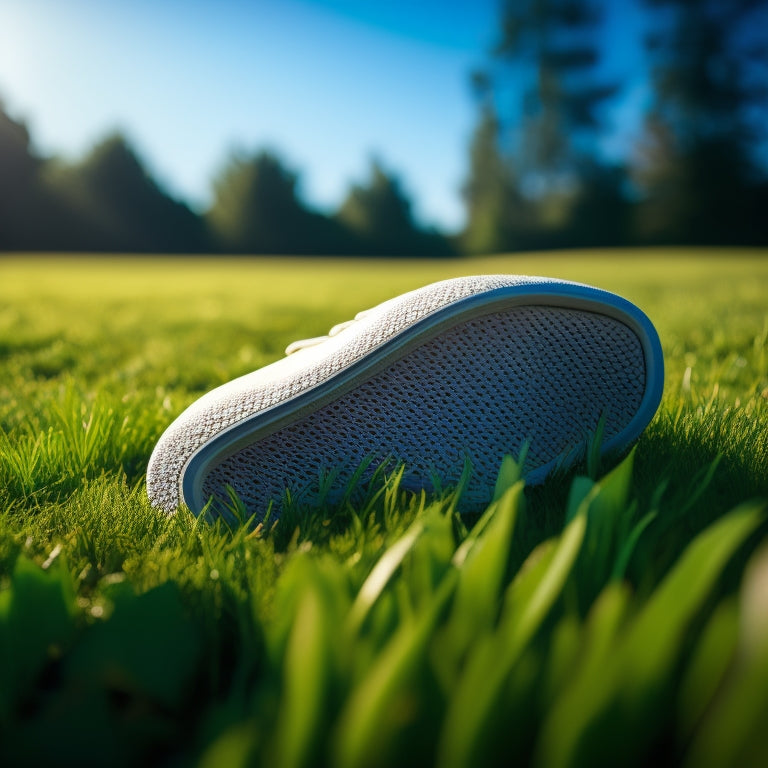 A close-up of an orthotic insole nestled inside a stylish sneaker, surrounded by lush green grass, with a comforting foot resting on it, highlighting comfort and support for plantar fasciitis relief.