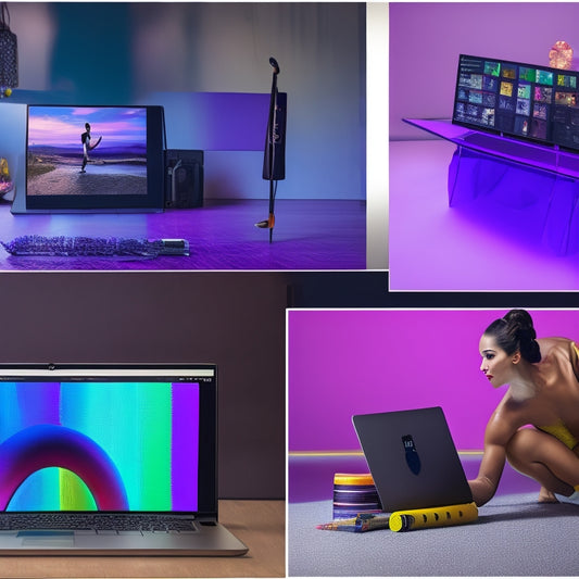 A split-screen image: a laptop with a virtual dance class on the screen, and a person in a dance studio, wearing a headset and holding a makeup brush, surrounded by colorful cosmetics and dance shoes.