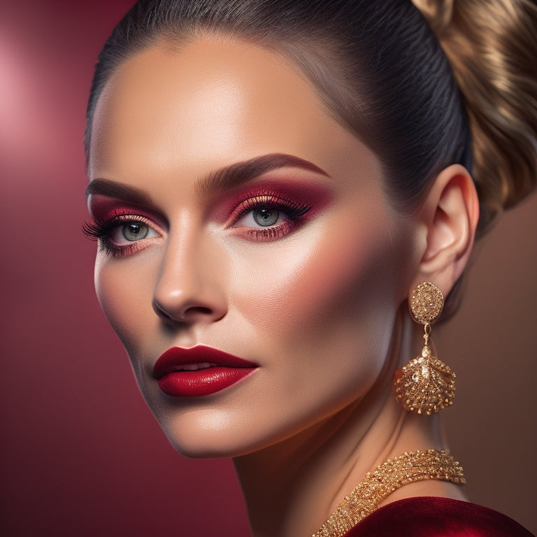 A glamorous, golden-lit portrait of Zowie, a stunning beauty expert, with a sleek, high ponytail, flawless makeup, and a confident, piercing gaze, set against a luxurious, velvet red backdrop.