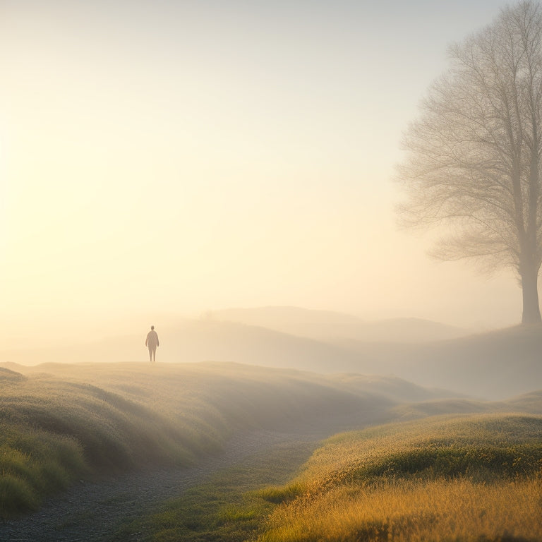 A serene, misty landscape with a lone figure in the distance, walking towards a radiant, glowing horizon, symbolizing transformation and newfound freedom.