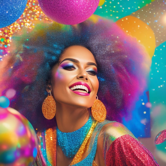 A vibrant illustration of a person in front of a colorful festival backdrop, surrounded by sparkly makeup, glittery hair accessories, and a rainbow of clothing options, with a disco ball and confetti scattered around.