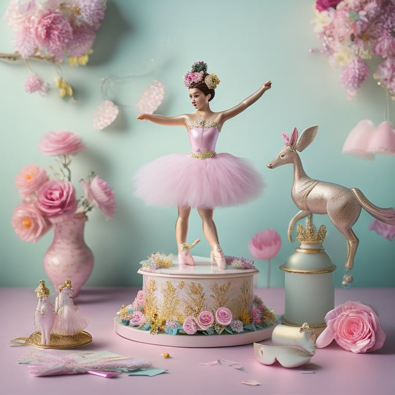 A whimsical illustration featuring a delicate, tutu-clad Diana the huntress figurine standing en pointe, surrounded by scattered flowers, ribbons, and ballerina-themed craft supplies in soft, pastel hues.