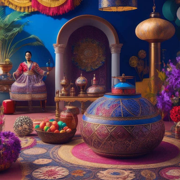 A vibrant, whimsical illustration featuring a dance floor surrounded by props inspired by different cultures, including traditional African drums, Indian lanterns, and Japanese fans, amidst swirling fabrics and flowers.