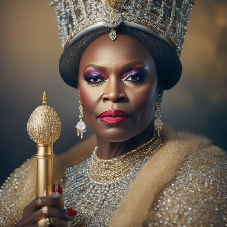 A regal, golden-hued portrait of Pat McGrath, resplendent in a lavish, beaded gown, her hands adorned with rings, holding a scepter-like makeup brush, surrounded by a halo of light, with a subtle, shimmering Union Jack pattern in the background.