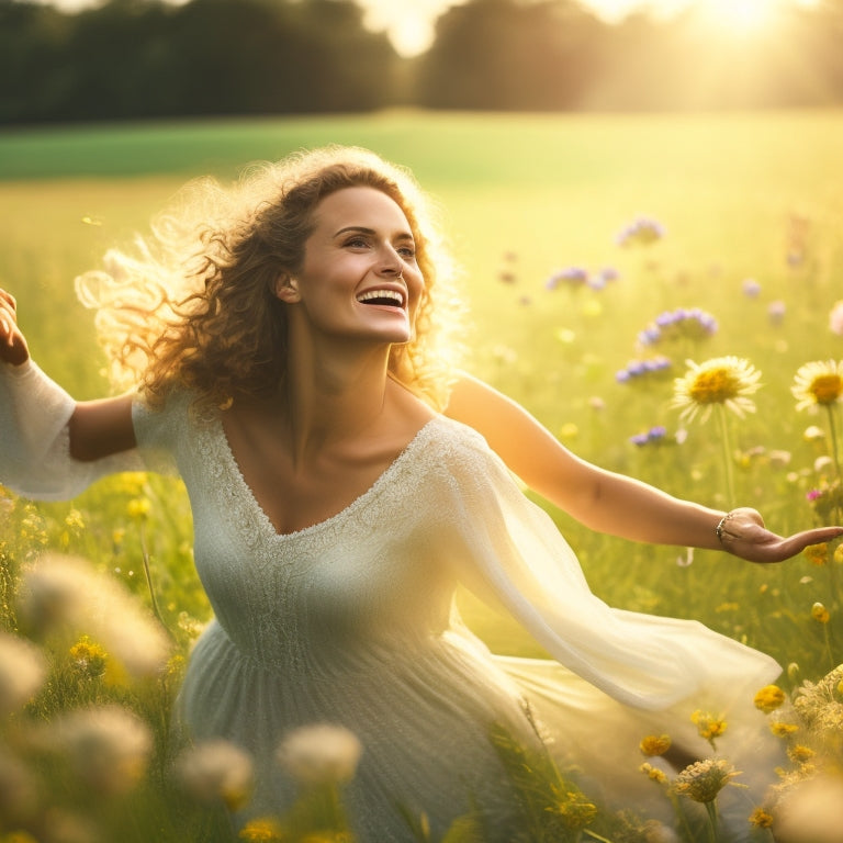 A vibrant illustration of a joyful woman dancing in a lush green meadow, surrounded by blooming flowers, with a subtle glow and soft light, conveying freedom, happiness, and rejuvenation.