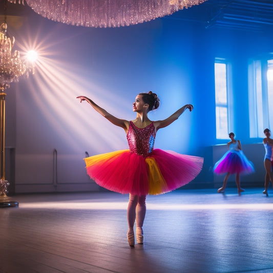 A spotlight shines on a young dancer in a bright, colorful costume, standing confidently in a dance studio surrounded by mirrors, ballet bars, and scattered dance shoes.