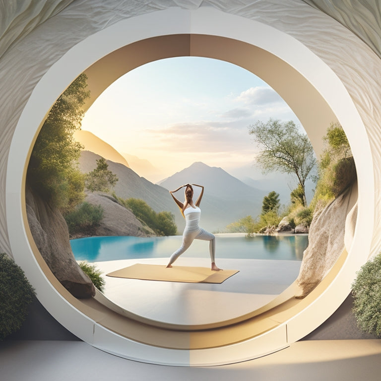 An illustration of a serene, natural background with a figure in the center, showcasing a variety of yoga poses and movements, with flowing, curved lines and gentle, soothing colors.