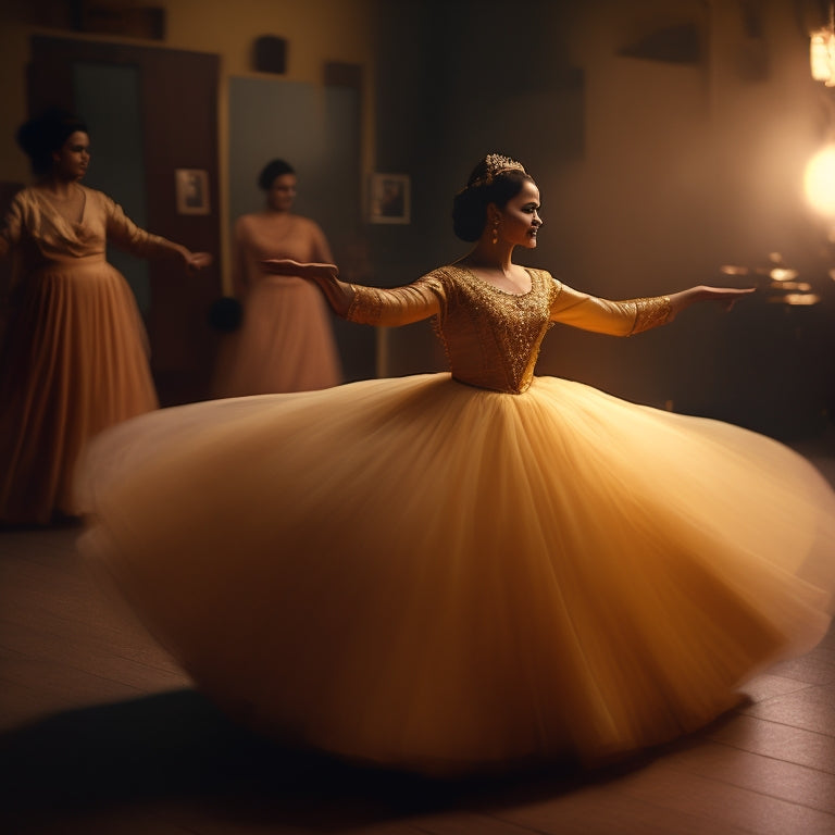 A warm, golden-lit dance studio with a blurred, whirling figure in traditional attire, surrounded by faded, vintage family photographs and wispy, floating threads connecting them.