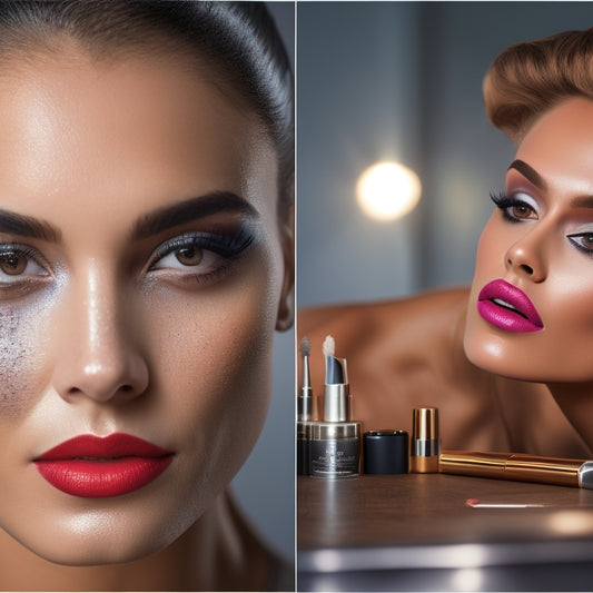 A split-screen image featuring a dancer's face with a botched makeup look on one side and a flawless, stage-ready look on the other, with various makeup products and tools scattered around.