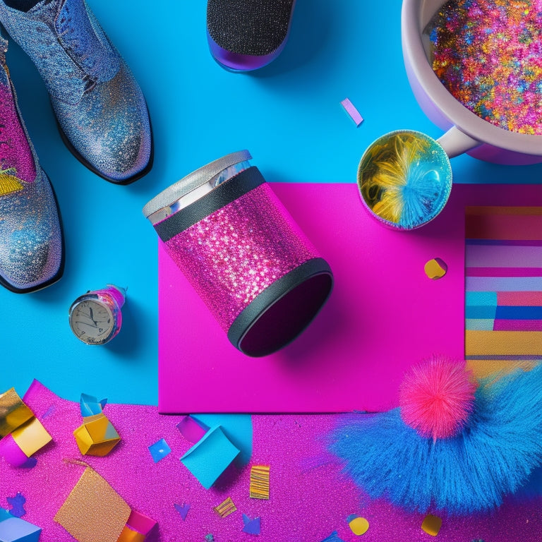 A vibrant illustration of a dance studio with confetti and balloons, surrounded by colorful dance-inspired gifts, such as a tutu-adorned mug, a dance-themed journal, and a pair of shiny tap shoes.