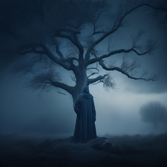 A haunting, dimly lit illustration of Death personified as a gaunt figure, shrouded in mist, surrounded by musical notes and eerie, twisted tree branches, set against a dark, ominous sky.