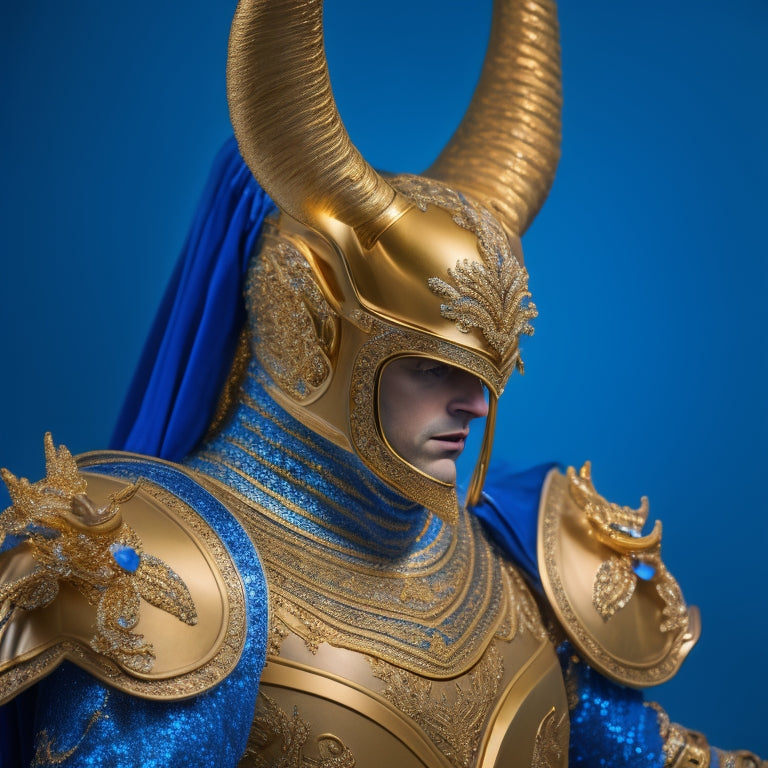 A regal, gold-plated suit of armor adorned with intricate, curved horns and a flowing, ruffled cape, set against a dark, gradient blue background with subtle, shimmering glitter accents.