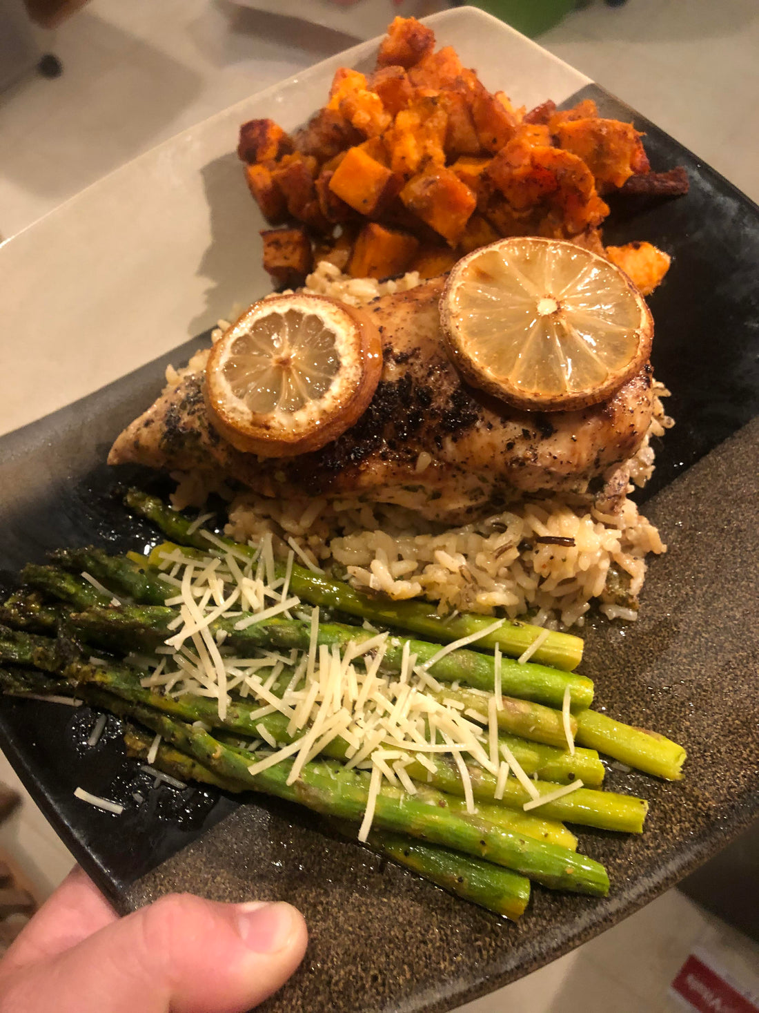 Baked chicken and rice with roasted sweet potatoes and asparagus!