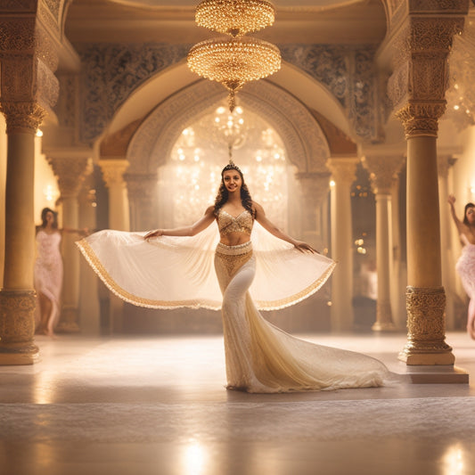 A serene, golden-lit dance studio with a lone belly dancer in a flowing white costume, arms extended, torso twisted, and hips swaying, surrounded by ornate Middle Eastern patterns and mirrors.