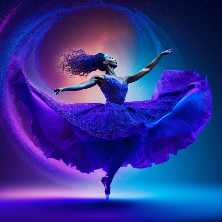 A whimsical illustration of a dancer's silhouette against a vibrant, swirling background of blues and purples, with musical notes and abstract shapes evoking movement and rhythm.