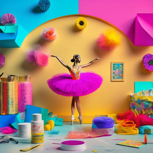 A colorful illustration of a dancing ballerina surrounded by craft supplies, including scissors, glue, and colorful paper, with a subtle background of a dance studio or stage.