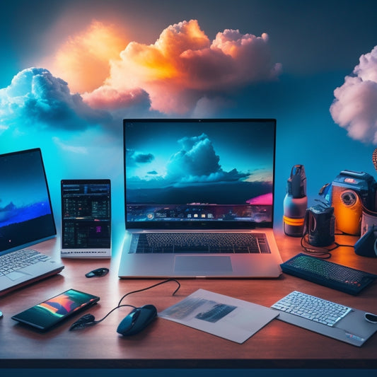 A futuristic, minimalist desk with a laptop, surrounded by scattered digital devices, gadgets, and colorful cables, amidst a subtle background of swirling clouds and subtle LED lights.