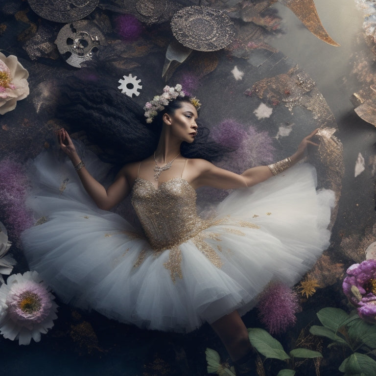 A whimsical illustration of Charmene Yap, a dancer, surrounded by clockwork gears, flowers, and torn paper fragments, with a subtle, shimmering aura and gentle, swirling mist.