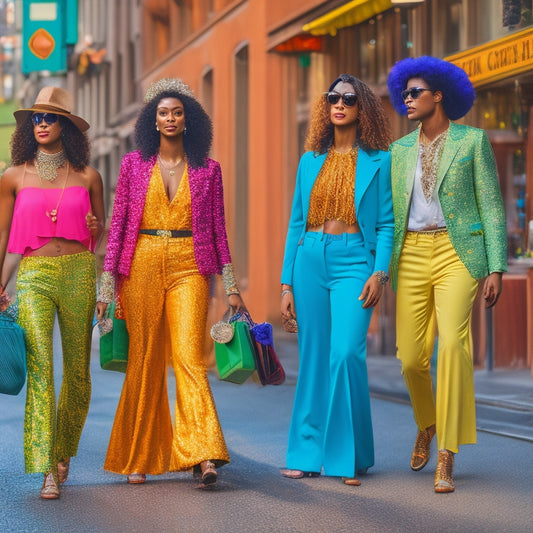 A vibrant street scene featuring a diverse group of fashion-forward individuals showcasing fringe pants in various styles and colors, surrounded by urban art and greenery, exuding confidence and trendy flair.