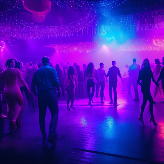 A vibrant, dark-lit nightclub scene featuring a crowded dance floor, swirling spotlights, and a giant, glowing, neon-lit SVG design element suspended above the dancers.