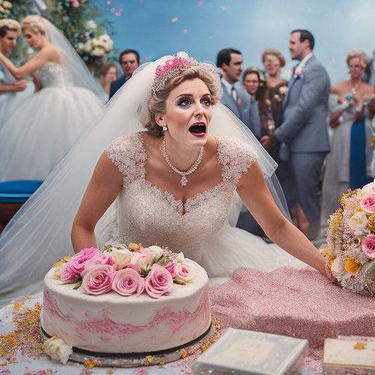 A frazzled, sweating bride stands amidst a chaotic wedding scene, surrounded by overturned chairs, tangled flowers, and a toppled wedding cake, with a clock ticking away in the background.