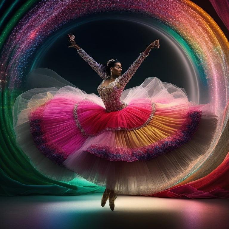 A whimsical illustration of a dancer's silhouette surrounded by swirling, colorful fabrics, with tutus and costumes floating around, connected by digital threads and sparks, amidst a subtle digital grid background.