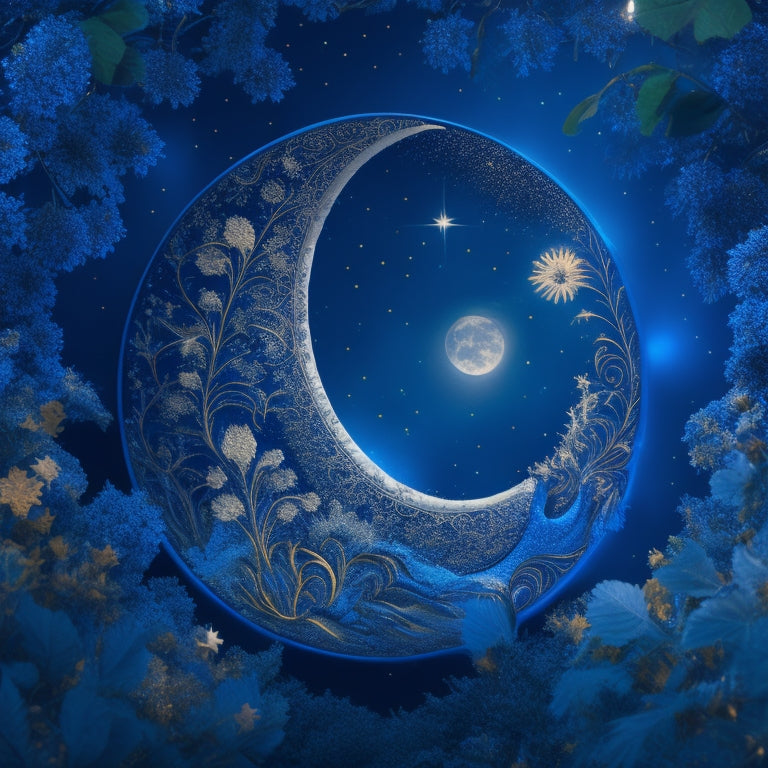 A whimsical illustration featuring a crescent moon surrounded by swirling, shimmering stars and delicate, intertwining vines, set against a soft, dreamy midnight blue background.