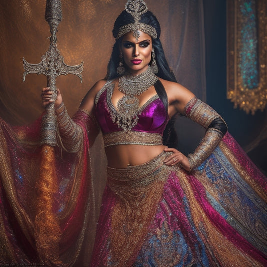 A regal, bejeweled belly dancer stands against a rich, velvety black background, surrounded by intricately patterned fabrics, sequins, and threads, with a majestic, curved sword at her side.