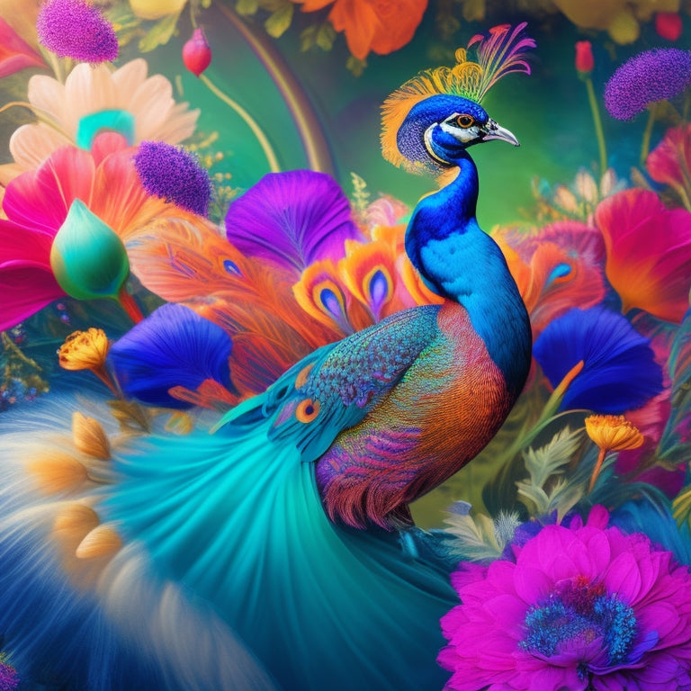 A vibrant, whimsical illustration featuring a majestic peacock standing amidst a swirling vortex of colorful flowers, leaves, and feathers, surrounded by abstract shapes and dynamic brushstrokes.