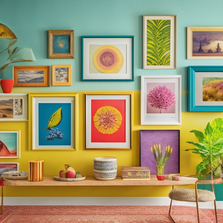 A vibrant, eclectic gallery wall featuring 10-12 framed prints in varying shapes, sizes, and colors, with bold patterns, abstract shapes, and playful illustrations.