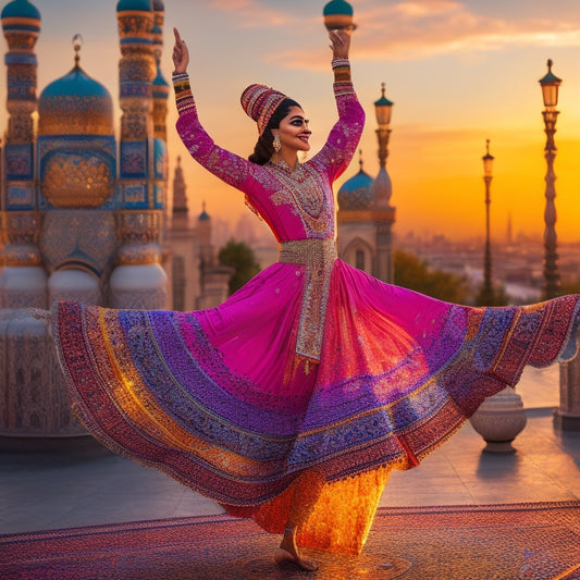 A vibrant illustration featuring a joyful dancer in a flowing, intricately patterned Middle Eastern-inspired outfit, surrounded by swirling fabrics, lanterns, and ornate tiles, with a subtle cityscape at sunset in the background.