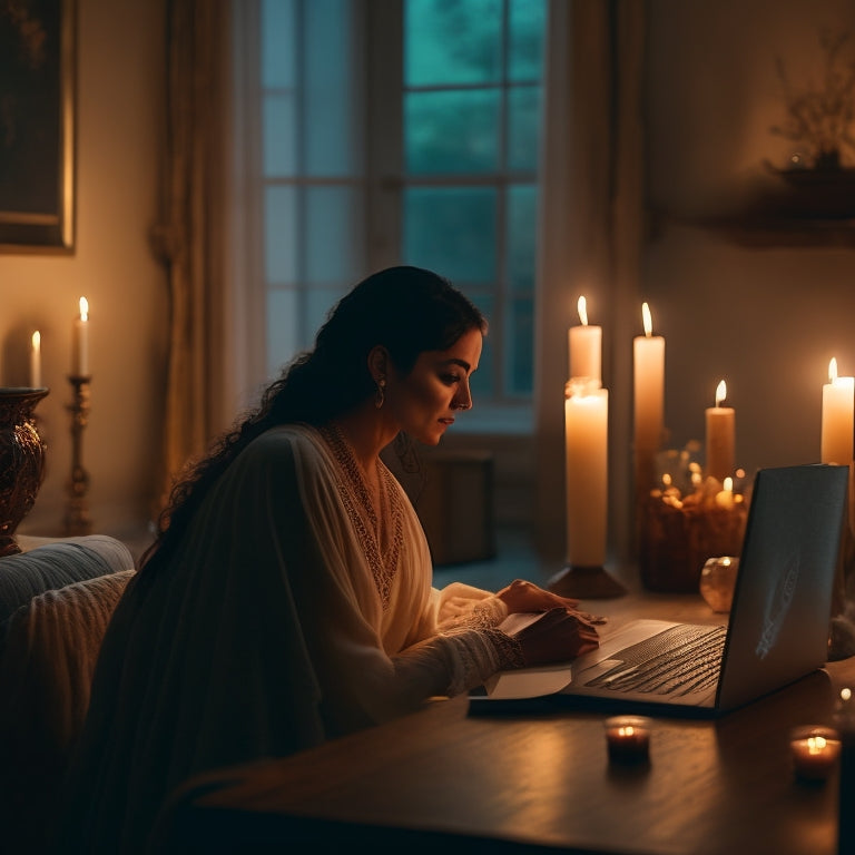 A serene, dimly lit room with a lone figure in the center, surrounded by candles, practicing a gentle, flowing dance move, with a laptop open in the background, softly glowing.
