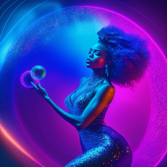 Vibrant neon-colored lights swirl around a dark silhouette of a dancer, surrounded by glowing orbs and starbursts, set against a deep blue or purple background with subtle glitter accents.