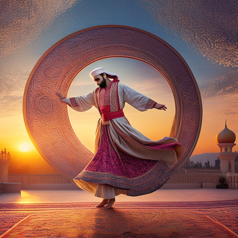 A vibrant illustration of a whirling dervish surrounded by intricate, swirling patterns of Arabic calligraphy and ornate, curved lines, set against a warm, sunset-inspired background with golden accents.