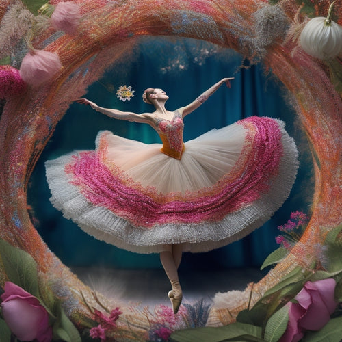 Whimsical illustration of a ballerina surrounded by swirling embroidery floss, threads weaving into flowers, leaves, and vines, with a subtle background of music notes and dance-inspired patterns.