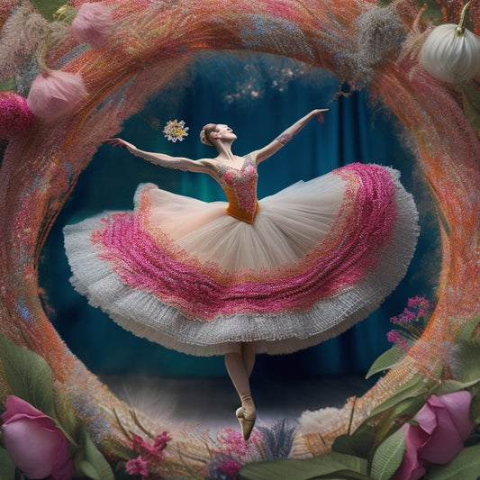 Whimsical illustration of a ballerina surrounded by swirling embroidery floss, threads weaving into flowers, leaves, and vines, with a subtle background of music notes and dance-inspired patterns.