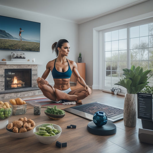 A serene and modern home gym setup with a fit woman in workout attire, exercising in front of a laptop displaying a fitness course, surrounded by healthy snacks and a calm, natural background.