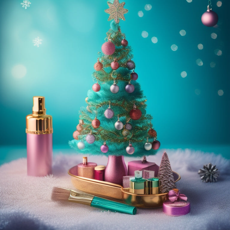 A whimsical illustration featuring a miniature Christmas tree adorned with beauty-themed ornaments, surrounded by tiny cosmetic bottles, makeup brushes, and a few strategically placed snowflakes.