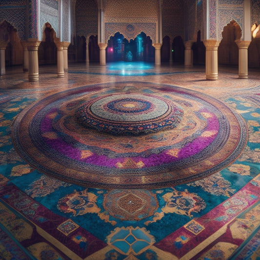 A mesmerizing illustration of a Middle Eastern-inspired dance floor, surrounded by intricate Islamic geometries, with swirling patterns of oud and qraqeb instruments, amidst a whirlwind of vibrant colors and dynamic shapes.