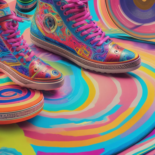 A vibrant, psychedelic illustration featuring a pair of dancing feet in platform shoes, surrounded by swirling patterns of bright colors, vinyl records, and cassette tapes.